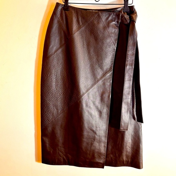 ASOS Sz 0 Brown Leather Wrap Midi Skirt Smooth and Patterned Lined Belted NWOT - Picture 1 of 11